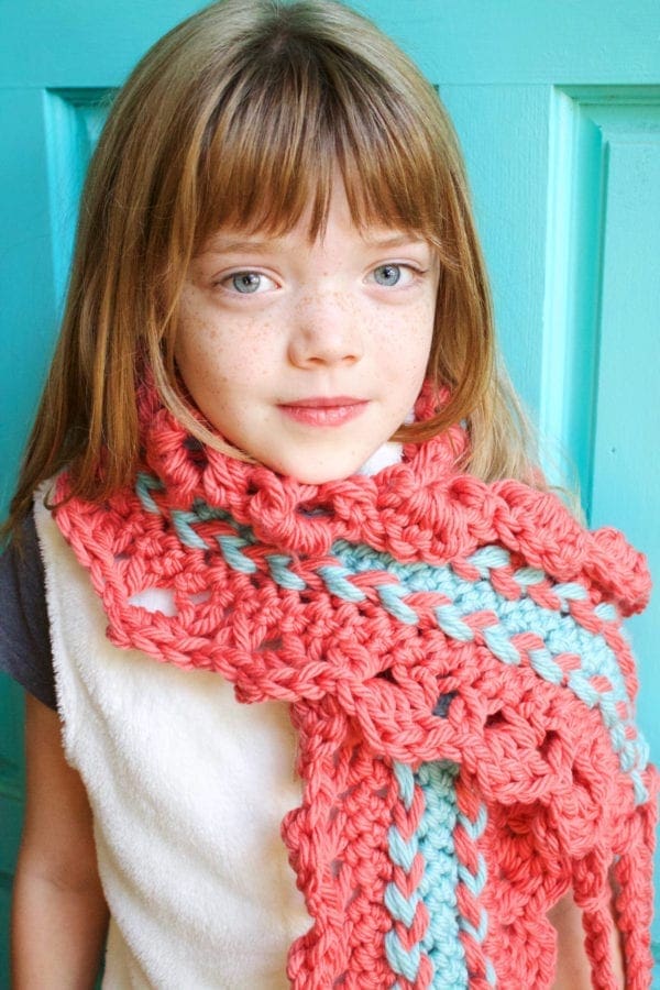 Chunky Hairpin Lace Scarf modeled