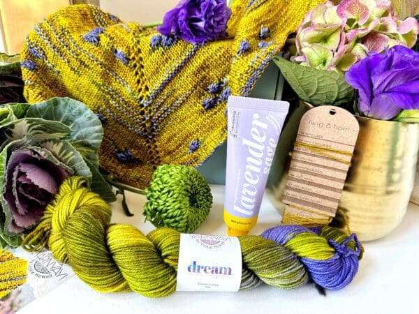 YarnYAY! July Box #63, Featuring Dream in Color Yarn, patterns by Vickie Howell & Gavriella Tremino, and lotion by Avry Beauty